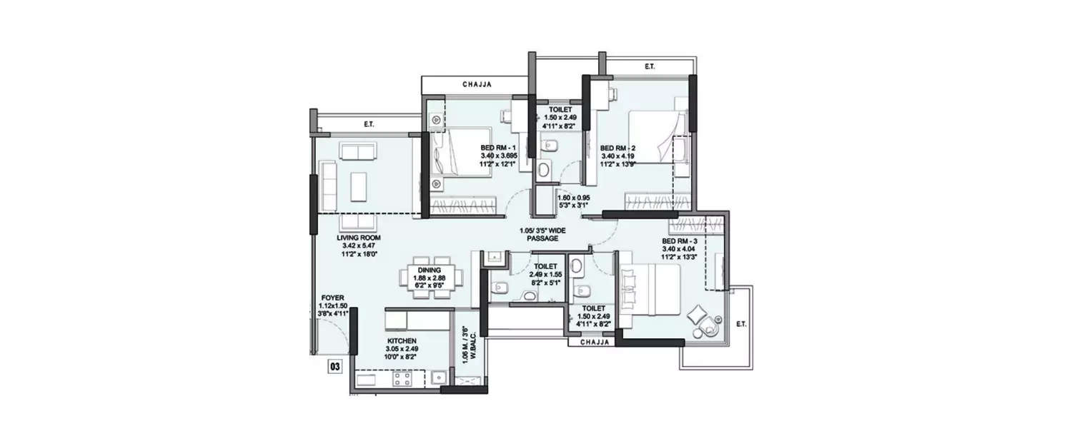 Floor plan for 3 BHK