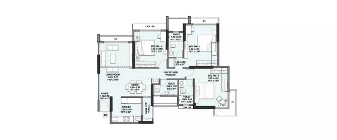 Wadhwa Elite Ghodbunder Road - Floor plan 3 BHK 1110 Sq.ft