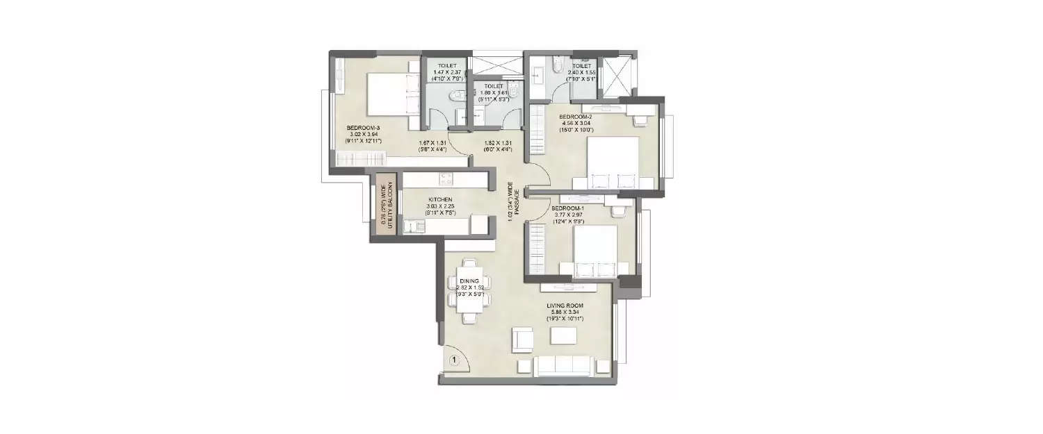 3 BHK Apartment 992 Sq.ft