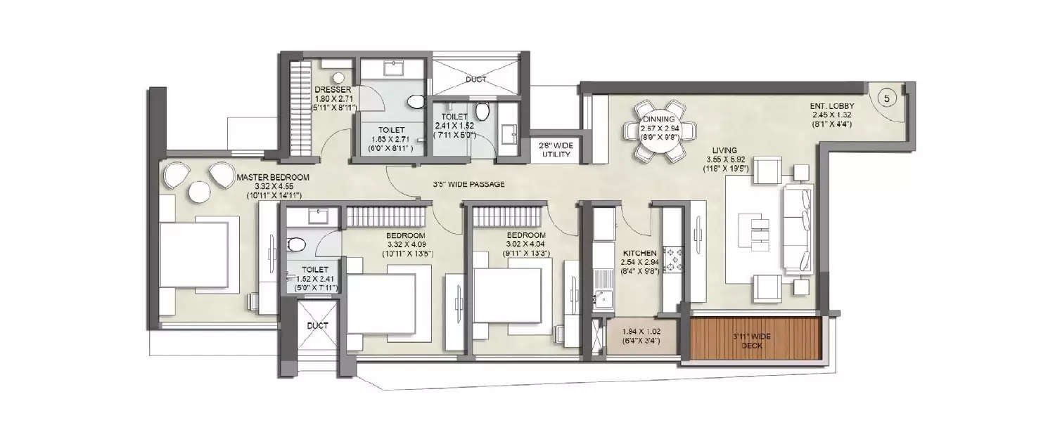 Floor plan for 3 BHK