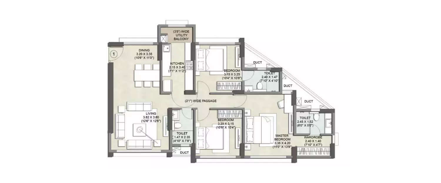 Floor plan for 3 BHK
