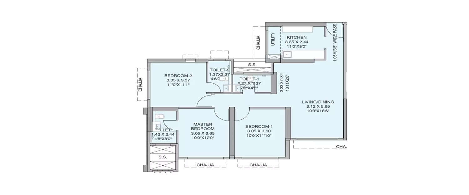 Floor plan for 3 BHK