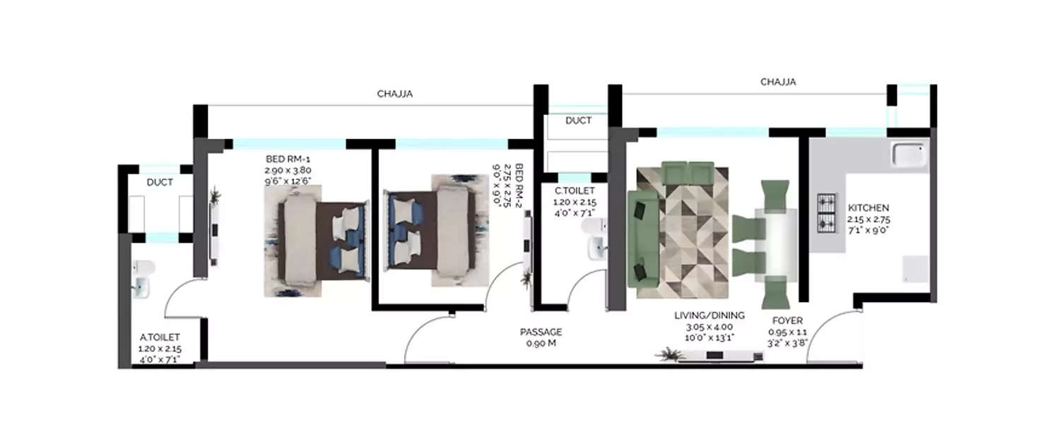 Floor plan for 2 BHK