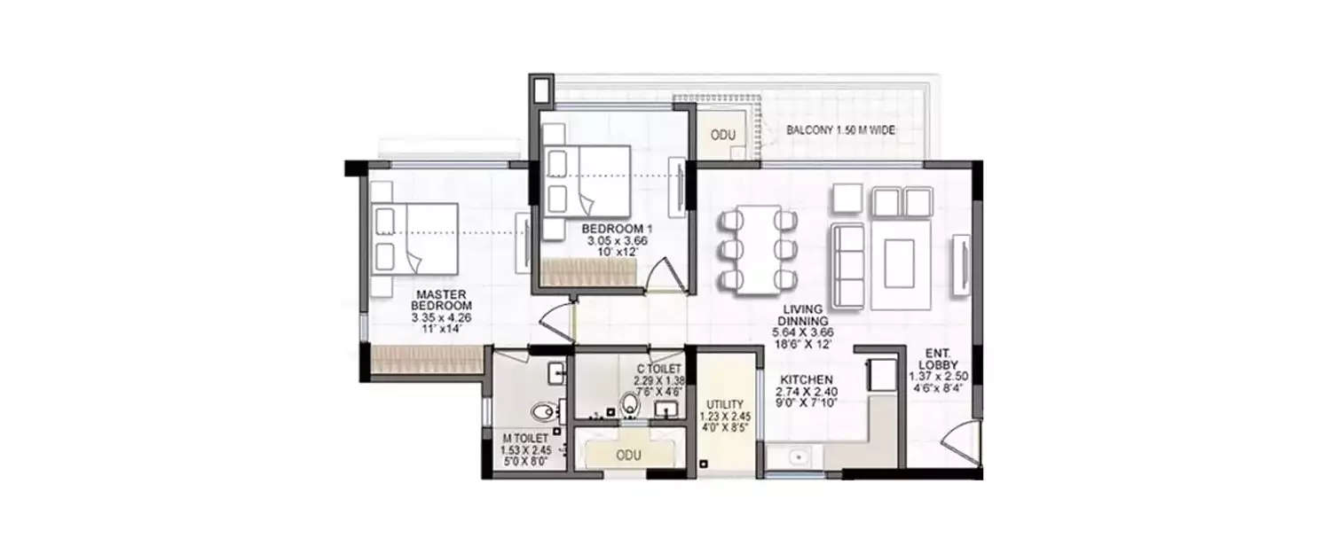 Floor plan for 2 BHK