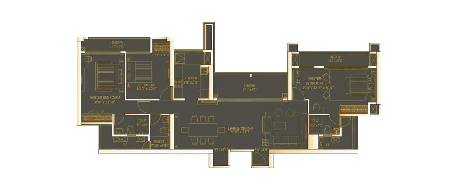 Floor plan for 3 BHK