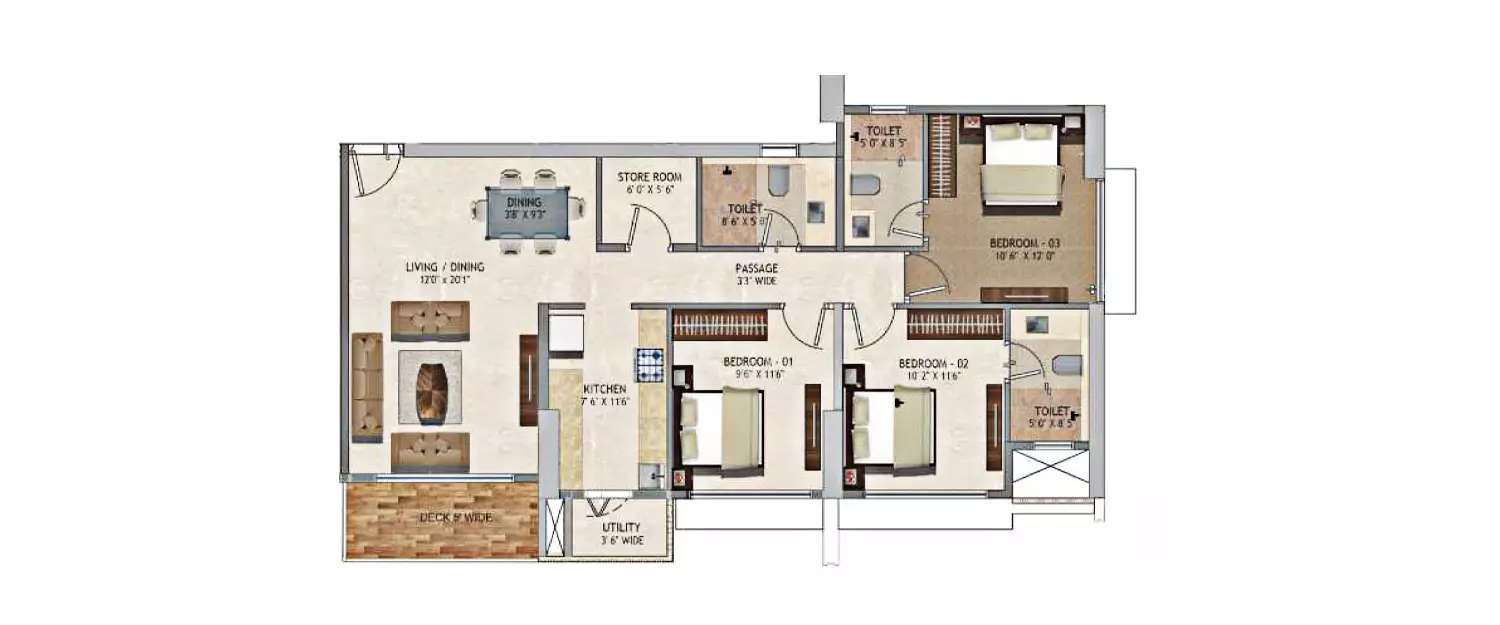 Floor plan for 3 BHK