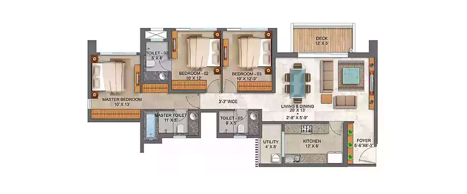 Floor plan for 3 BHK
