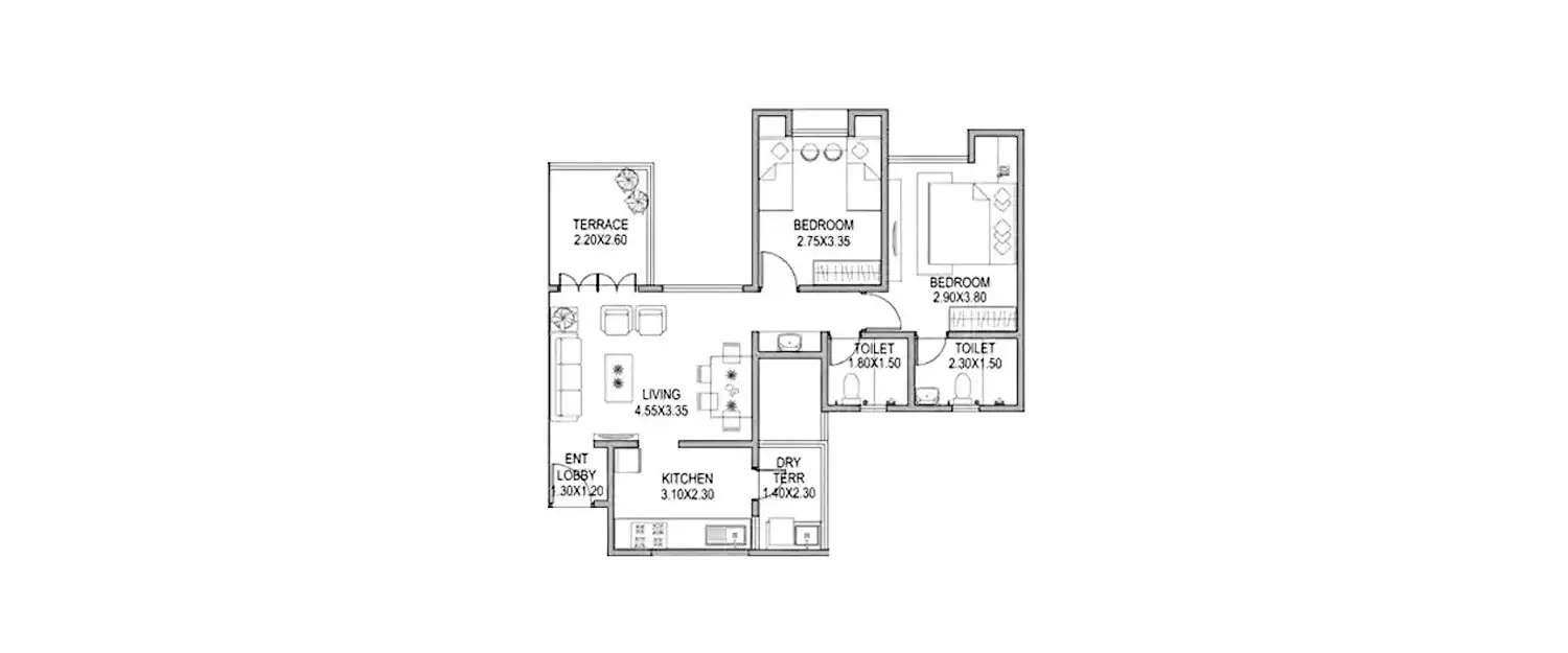 Floor plan for 2 BHK