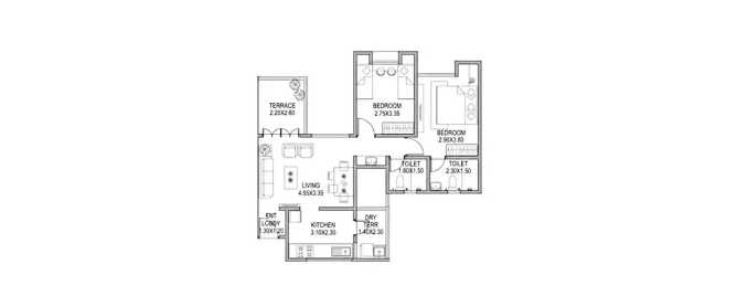 Paranjape Schemes Richmond Park Rahatani - Floor plan 2 BHK 800 Sq.ft