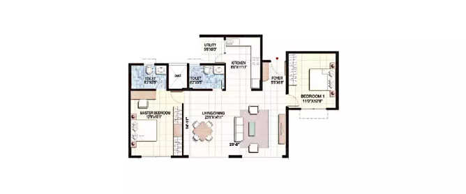 Purva Sunflower Binny Pete - Floor plan 2 BHK 1216 Sq.ft