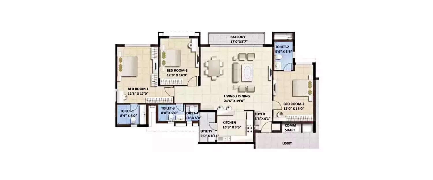 Floor plan for 3 BHK