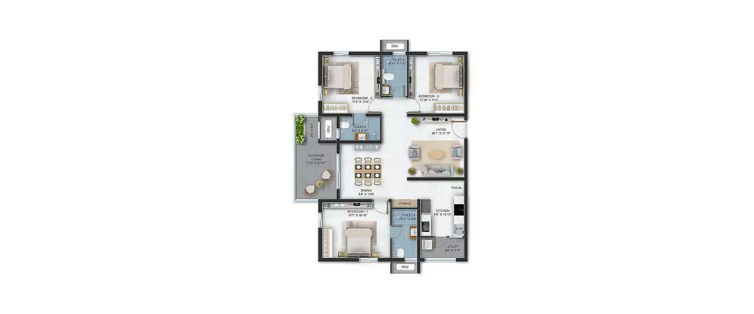 Floor plan for 3 BHK