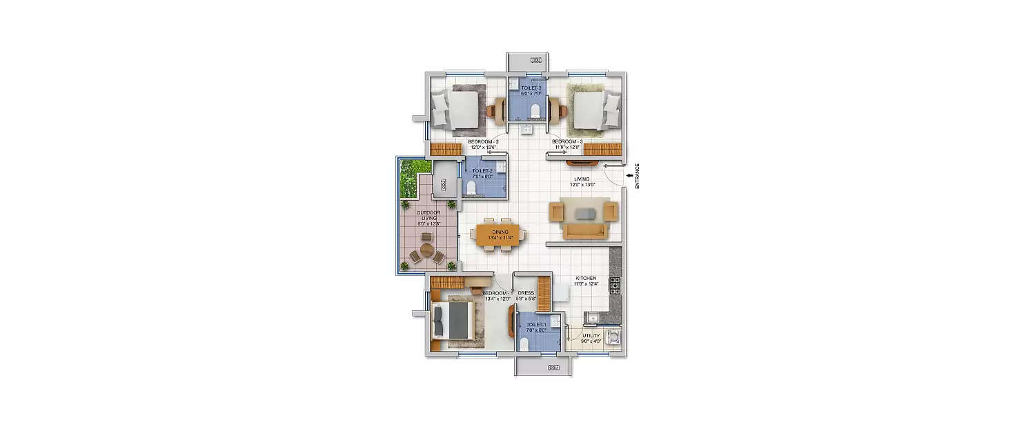 Floor plan for 3 BHK