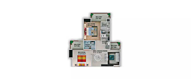 Supertech Cape Town Sector 74 - Floor plan 2 BHK 930 Sq.ft
