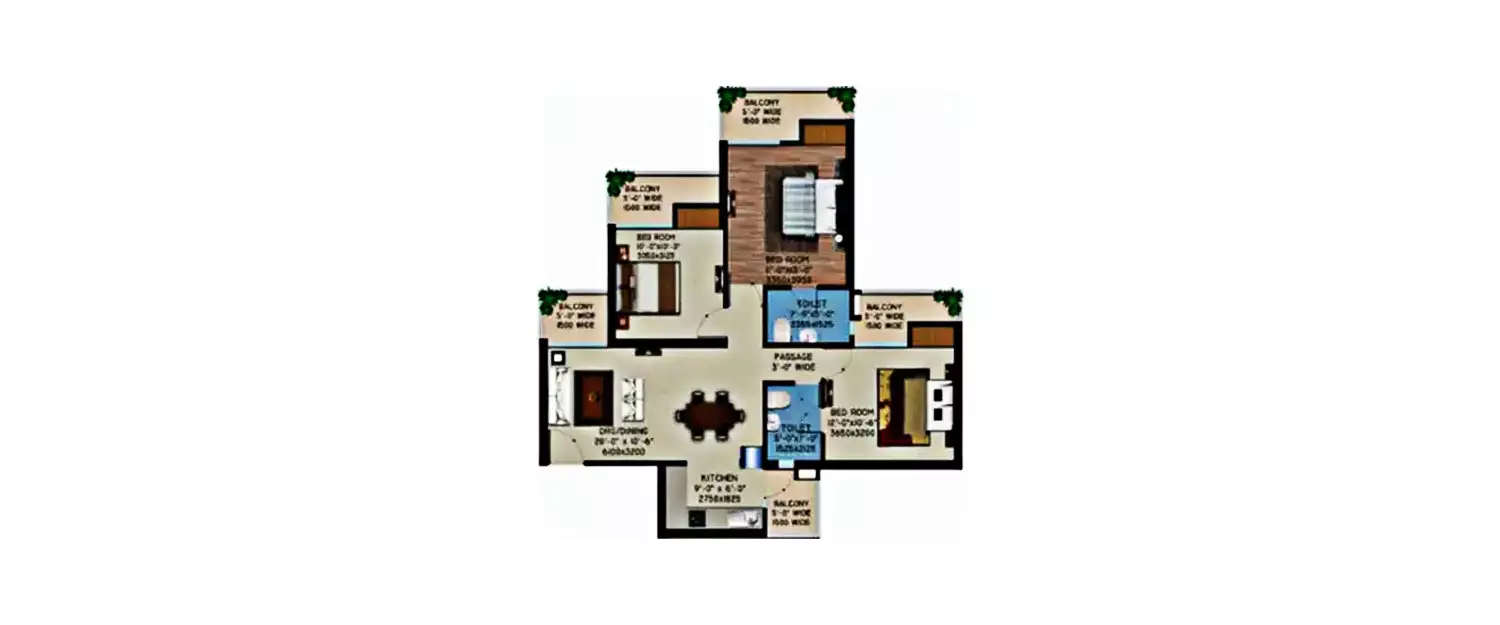 Floor plan for 3 BHK
