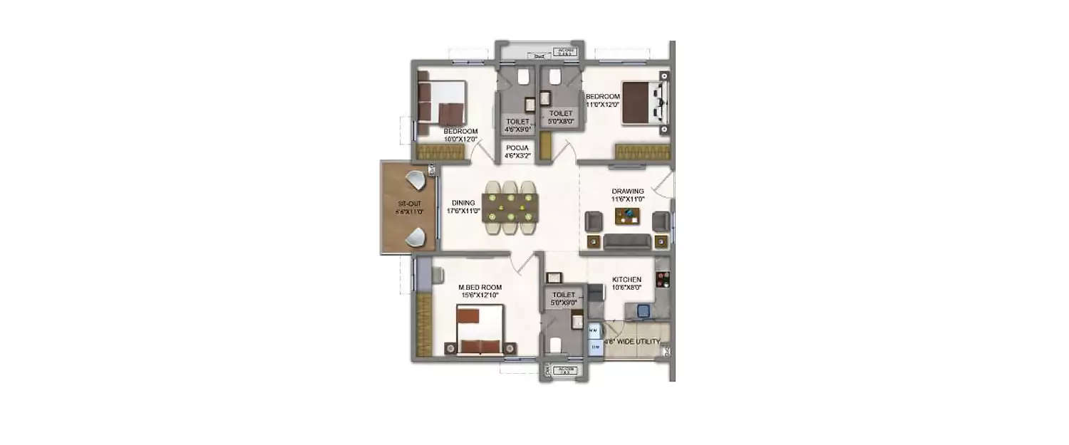 Floor plan for 3 BHK