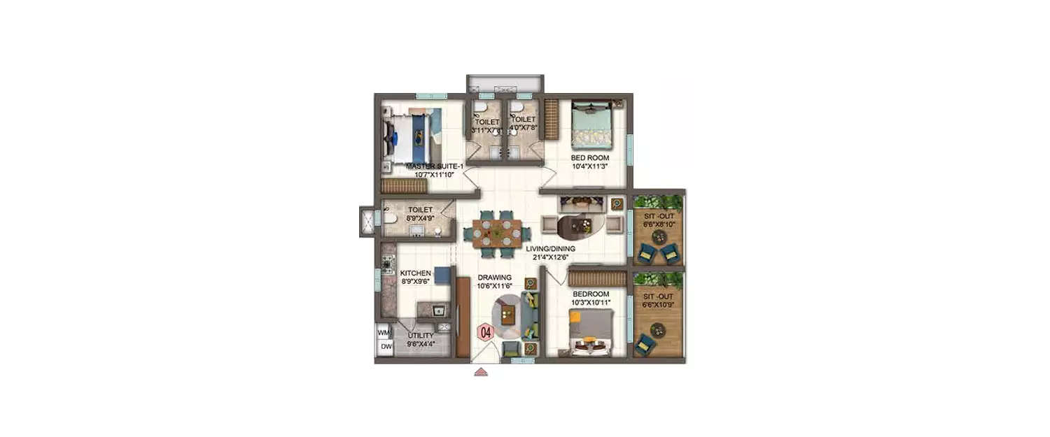 Floor plan for 3 BHK