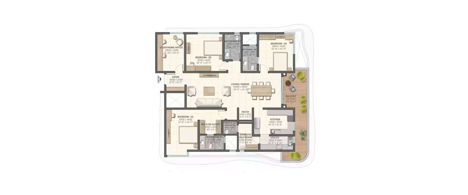 Floor plan for 3 BHK