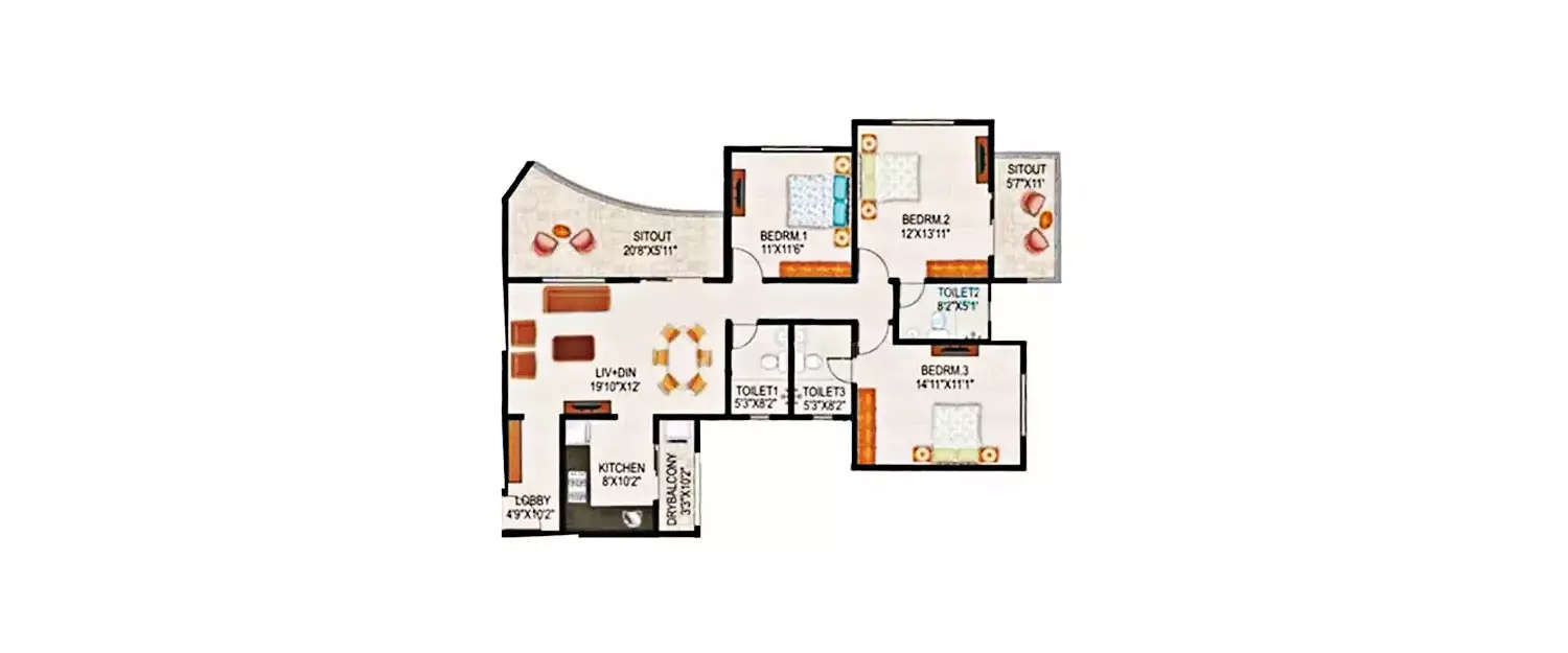 Floor plan for 3 BHK