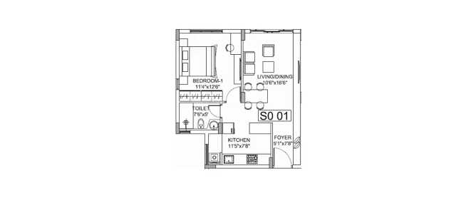 Godrej E City Electronic City - Floor plan 1 BHK 638 Sq.ft