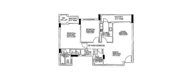 DLF Commanders Court Egmore - Floor plan 2 BHK 1339 Sq.ft