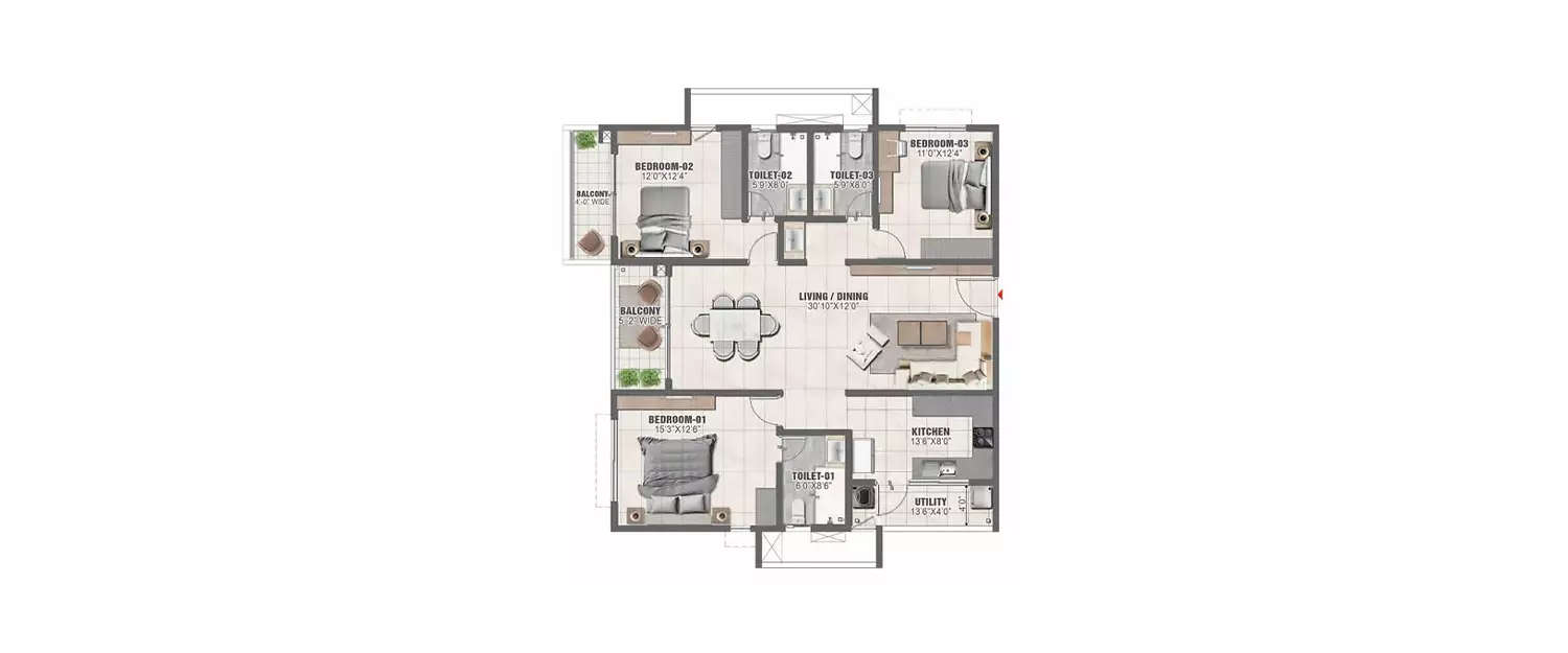 Floor plan for 3 BHK
