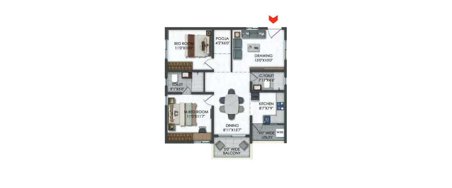 Floor plan for 2 BHK