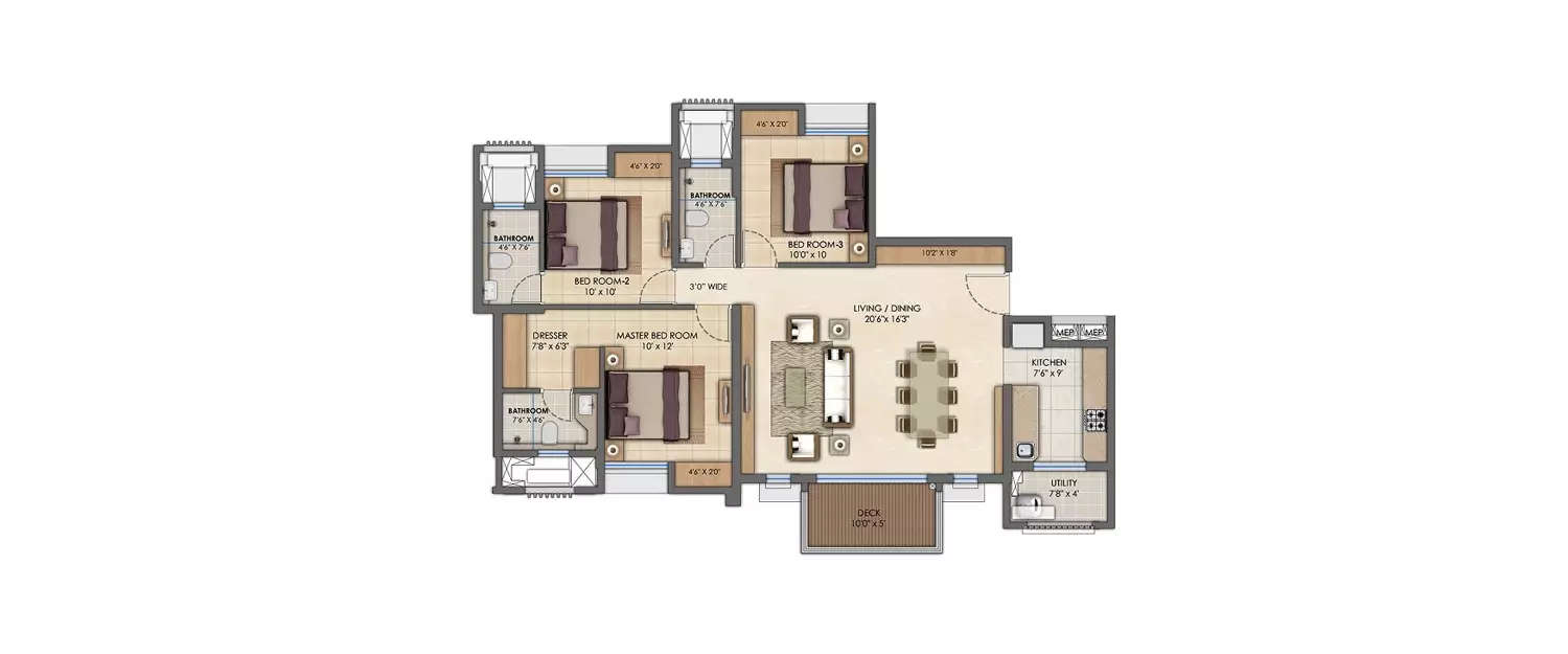 Floor plan for 3 BHK