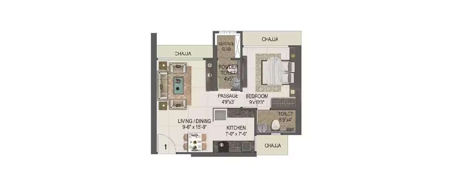Floor plan for 1 BHK