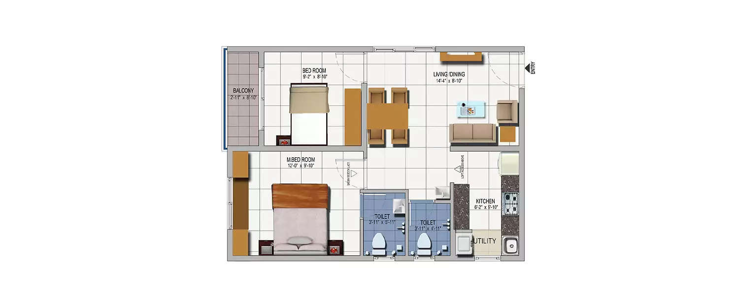 Floor plan for 2 BHK