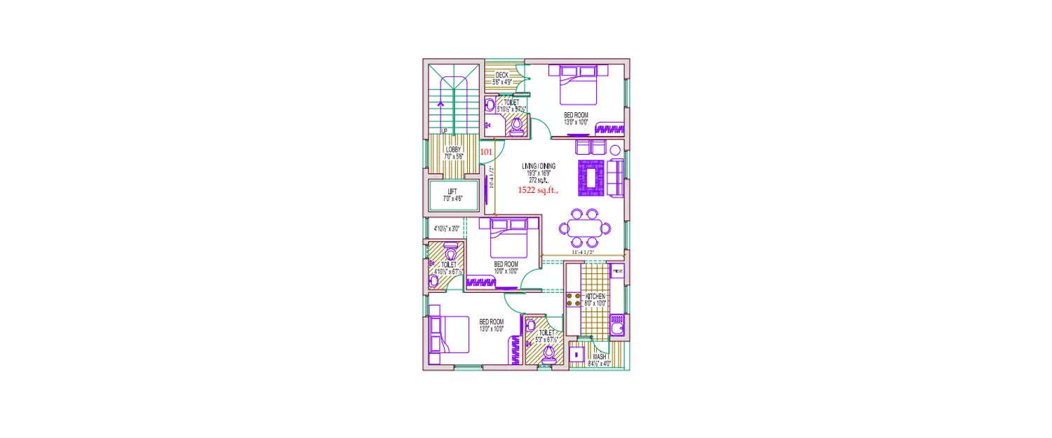 3 BHK Apartment 1522 Sq.ft