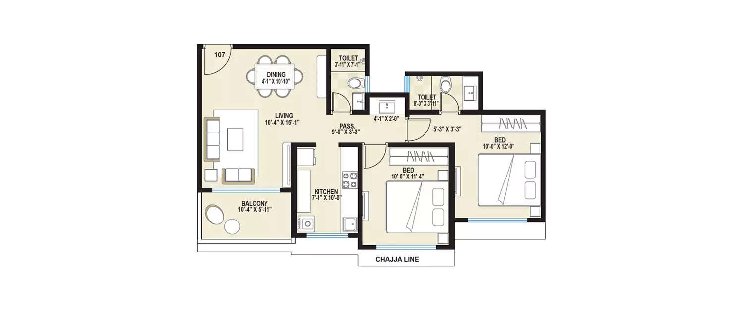 Floor plan for 2 BHK