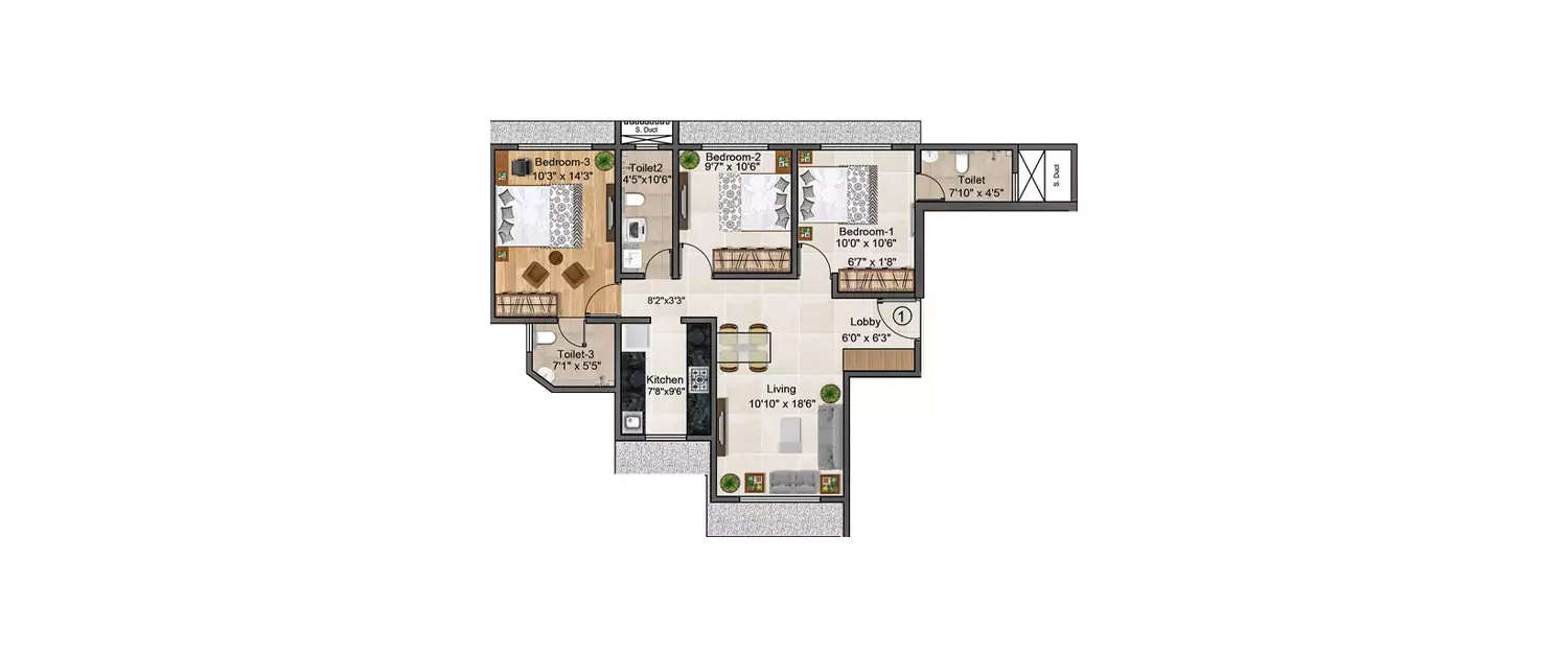 3 BHK Apartment 868 Sq.ft