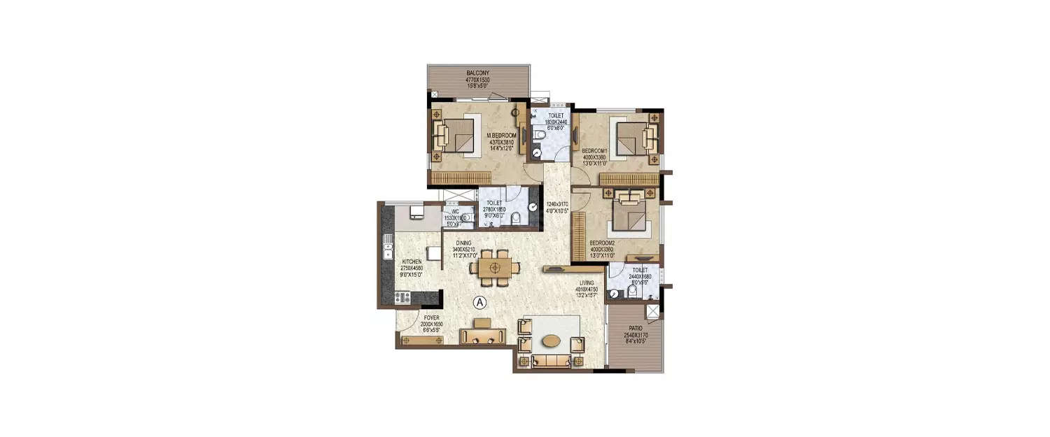 Floor plan for 3 BHK