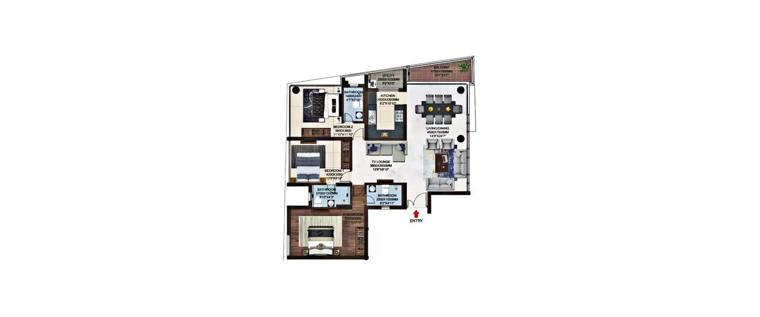 Floor plan for 3 BHK