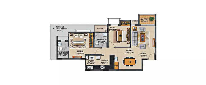 Casagrand Supremus Thalambur - Floor plan 2 BHK 1127 Sq.ft