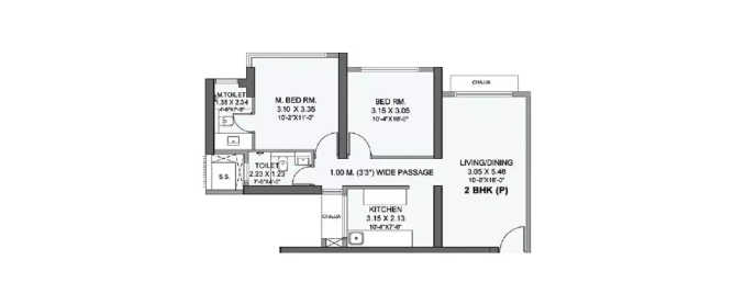 Wadhwa Azure Mulund - Floor plan 2 BHK 572 Sq.ft