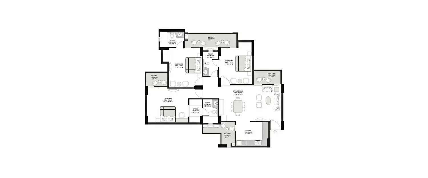 Floor plan for 3 BHK