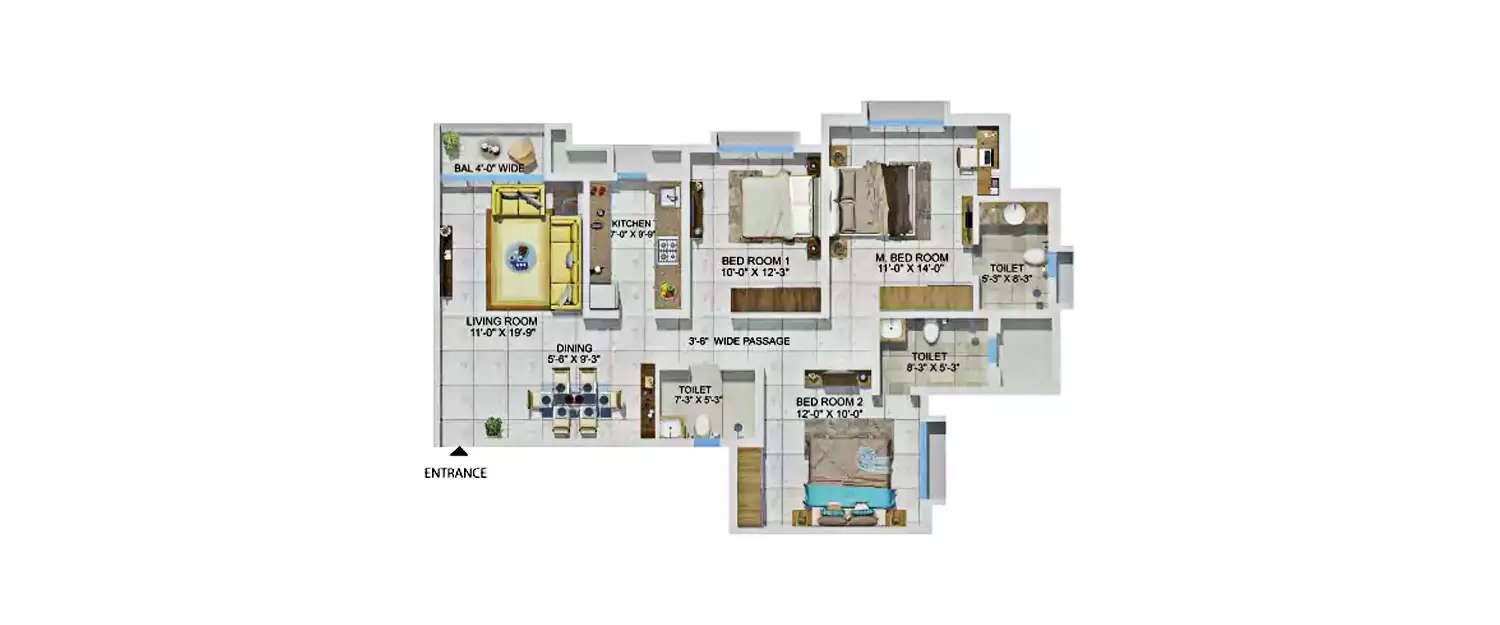 Floor plan for 3 BHK