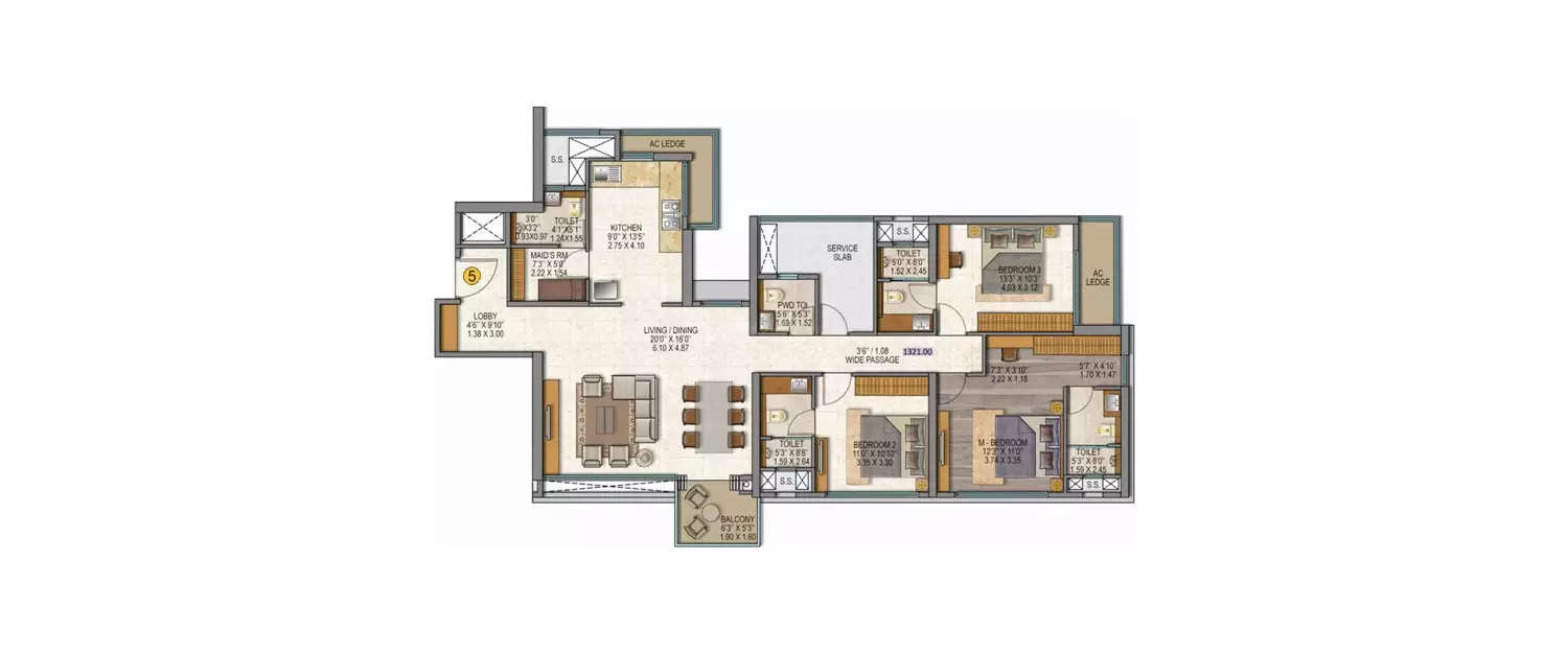 Floor plan for 3 BHK