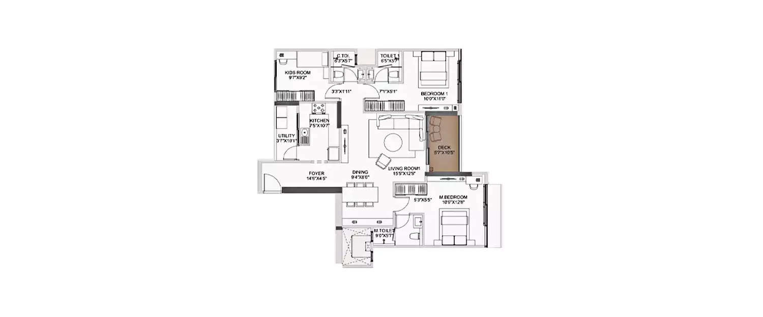 Floor plan for 3 BHK