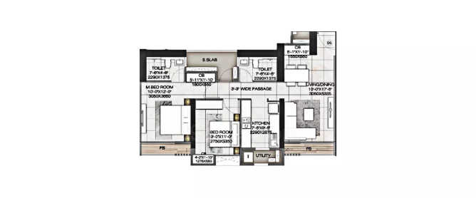 Rustomjee Azziano Majiwada - Floor plan 2 BHK 746 Sq.ft