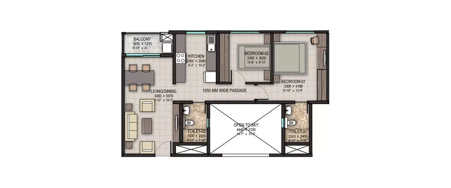 Floor plan for 2 BHK