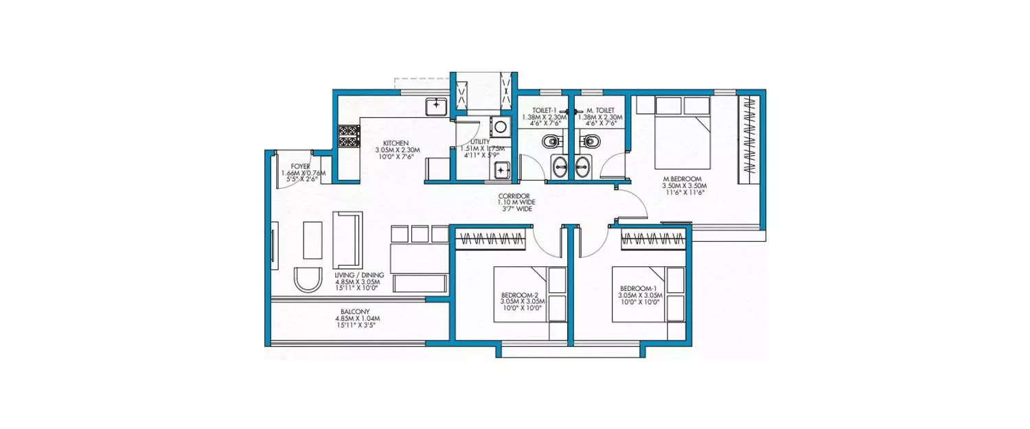 Floor plan for 3 BHK