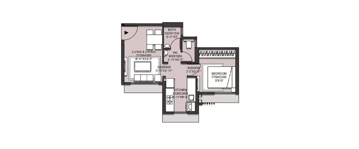 Floor plan for 1 BHK