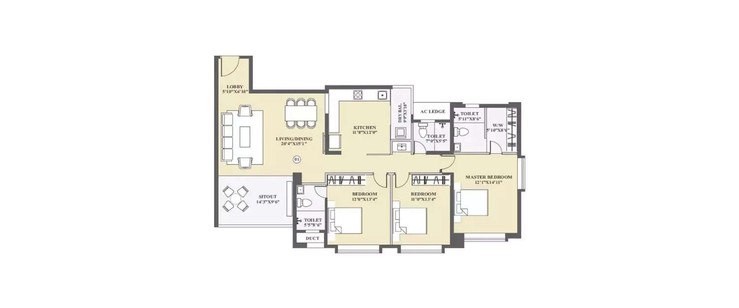 Floor plan for 3 BHK