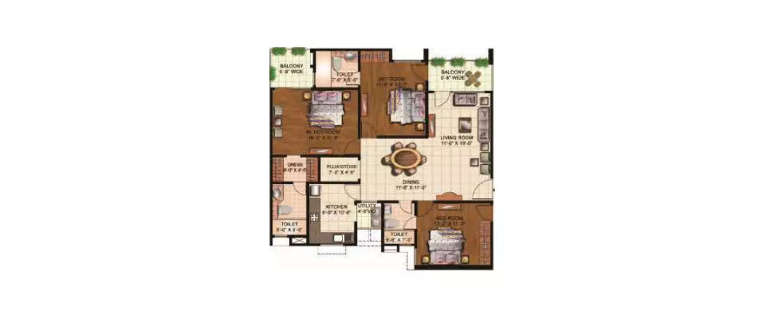 Floor plan for 3 BHK