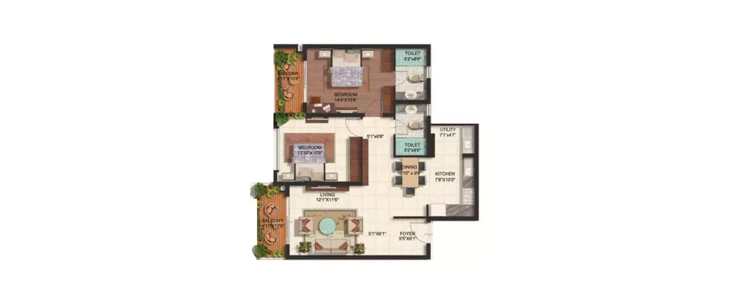2 BHK Apartment 1320 Sq.ft