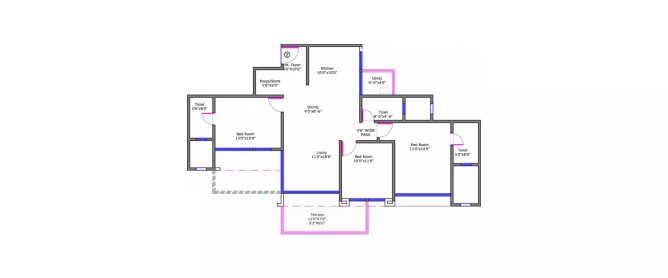 Ganga Florentina Mohammed Wadi - Floor plan 3 BHK 1475 Sq.ft