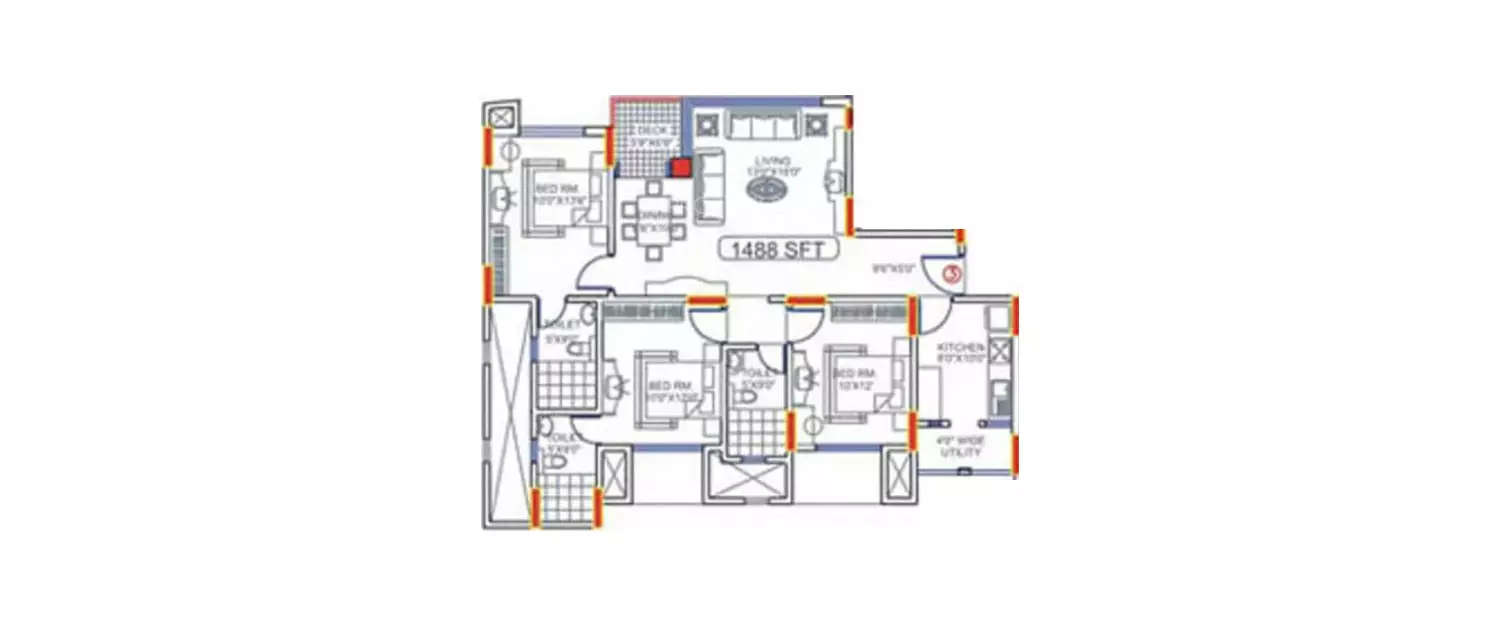 Floor plan for 3 BHK